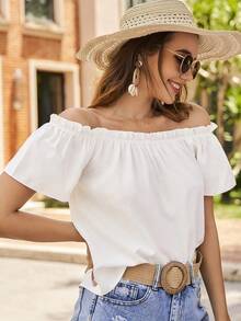 Blusa de hombros descubiertos ribete fruncido - Blanco - Ver 4