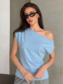 Camiseta de manga corta ajustada con hombros descubiertos y fruncidos a rayas para mujeres - Azul 2 - Ver 5