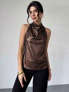 Blusa de satén dorado con cuello de tortuga y espalda de halter, elegante y casual para ir al trabajo/Look de Año Nuevo/Blusa sexy/Blusa brillante/Blusa para fiesta/Blusa de estilo "Old Money"/Blusa dorada - Marrón - Ver 4