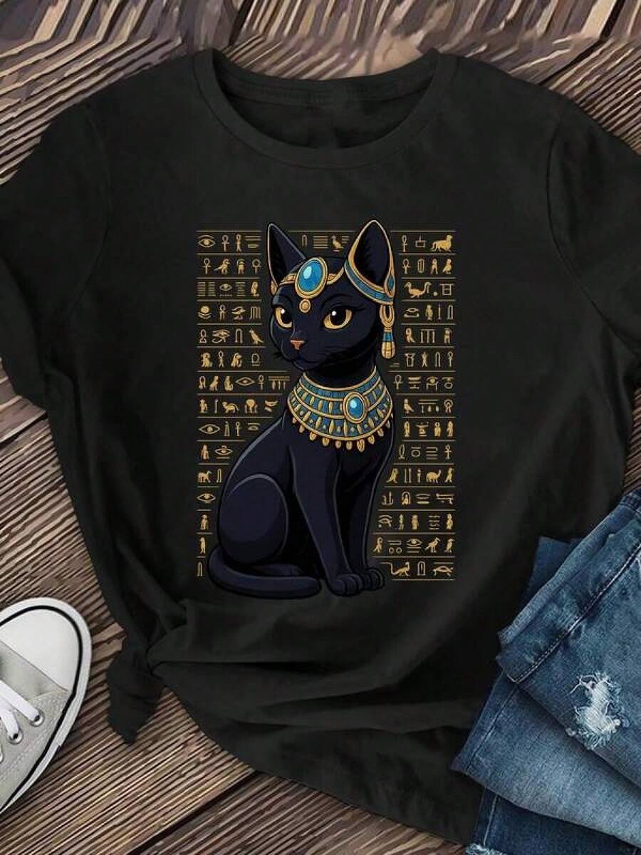 1pc Camisetas Para Mujer Camiseta única con diseño de gato negro y estilo egipcio ideal para fans del arte y la moda y2k destaca por su elegante ilustración con detalles dorados perfecta para cualquier ocasión y para llevar con orgullo tu personalidad auténtica Camiseta De Manga Corta De Algodón - Negro - Ver 1