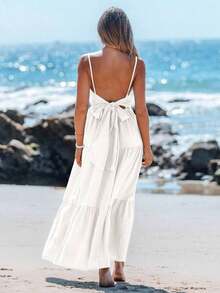 Vestido casual sin mangas con lazo para primavera y verano, atuendos de verano para mujer, vestidos de verano para mujer, atuendos de vacaciones, vestido de playa de verano para mujer, vestido de vacaciones estilo boho y fairycore, vestido sin esp - Blanco - Ver 7