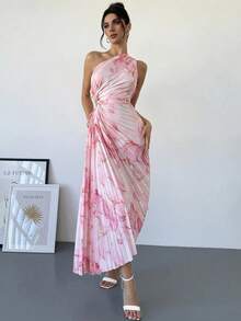 vestido de mujer para primavera/verano de estilo casual, vacacional, romántico, elegante, para citas, con estampado de teñido anudado, cintura hueca, volantes en el bajo y un solo hombro - Rosa - Ver 2