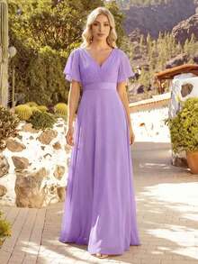 Vestido de dama de honor con cuello en V elegante, mangas con volantes y mariposa, color verde salvia, vestido de invitada de boda, vestido de primavera semi-formal para boda, fiesta de cumpleaños, graduación, Día de San Valentín - Lila Púrpura - Ver 9