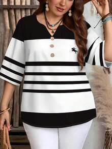 Camisa casual de manga corta a rayas en blanco y negro con botones delanteros, estilo preppy, para mujer de talla grande.Camisa de verano para mujer, estilo de vacaciones campestres, estilo bohemio para mujer. - Blanco y Negro 2 - Ver 4
