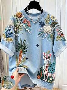 mujer de talla grande con estampado de bordado vintage de gato y floral, de cuello redondo y manga corta, top floral azul, adecuado para uso diario y vacaciones de verano - Negro 2 - Ver 3