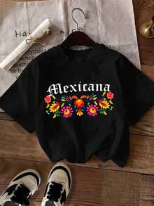 Women's Mexico Print Short Sleeve Top - 100% Cotton Geometric Floral Design, Lightweight 180gsm Knit Fabric For Summer, Regular Casual Fit, Short Sleeve, Machine Wash - 黑色 - 查看 6