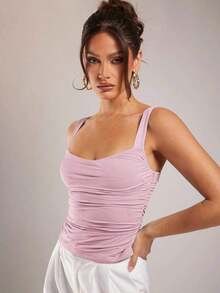 Camiseta de tirantes de unicolor minimalista para mujer - Rosa Pálido - Ver 3