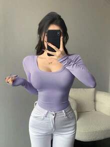 Camiseta de manga larga y cuello redondo de ajuste ceñido para mujer, versátil y casual, ropa de otoño - Púrpura malva - Ver 3