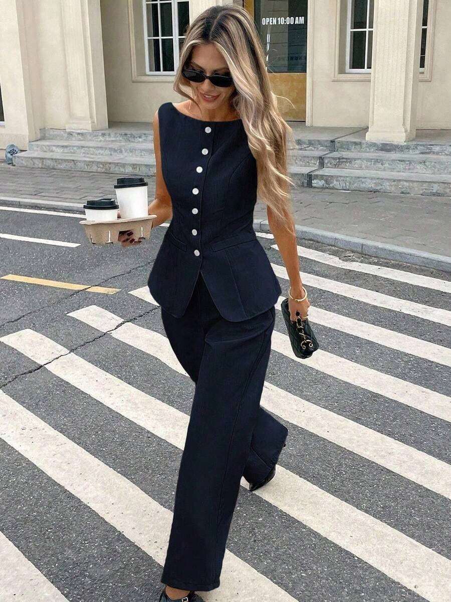 Set de 2 piezas para mujer con top sin mangas con botones delanteros lisos y pantalones largos, conjunto casual - Azul marino - Ver 1