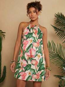 Vestido corto holgado con hombros al descubierto y estampado tejido para mujeres para vacaciones - Albaricoque - Ver 1