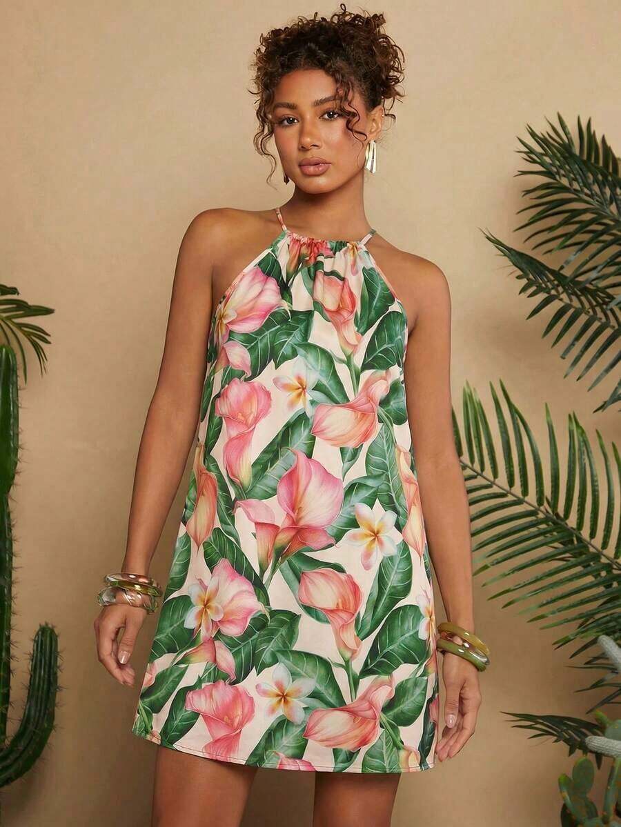 Vestido corto holgado con hombros al descubierto y estampado tejido para mujeres para vacaciones - Albaricoque - Ver 1