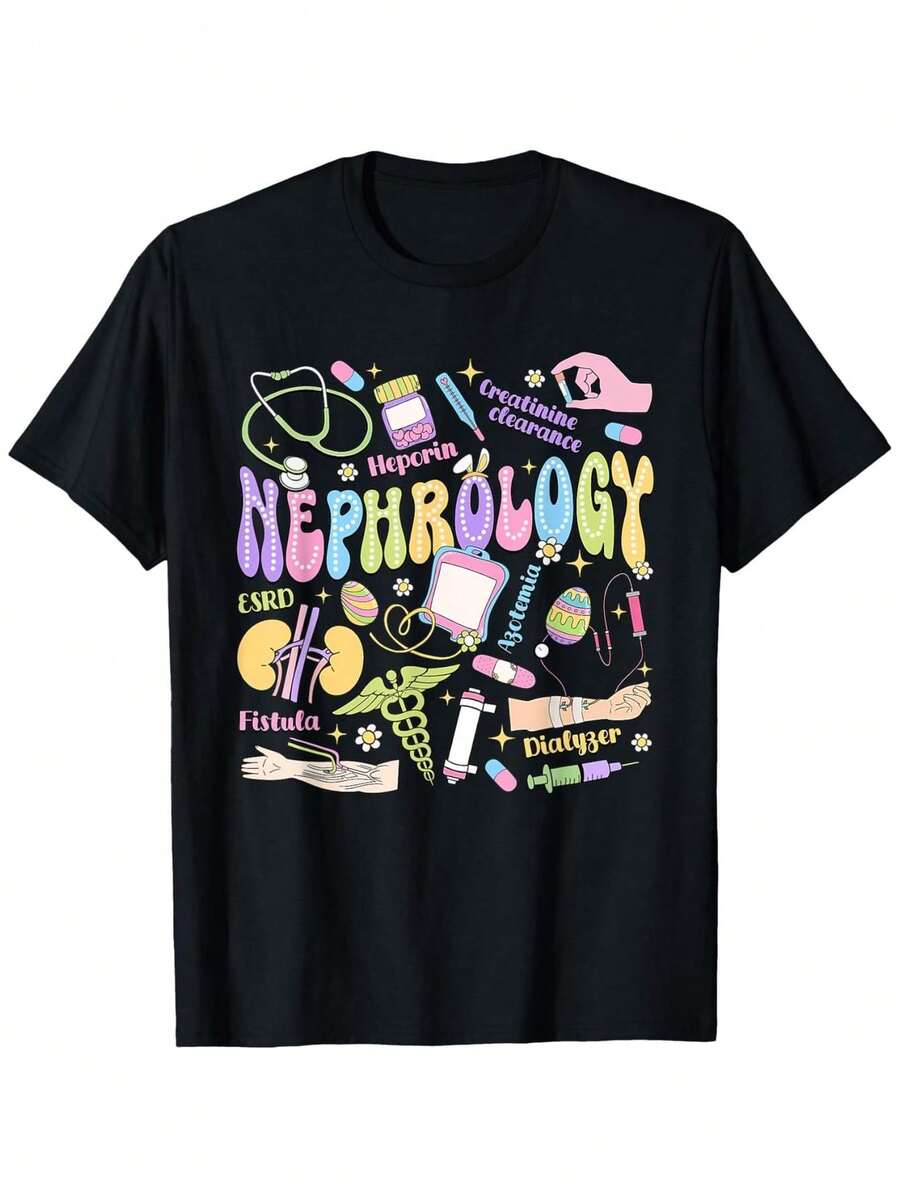 Renal Medicine Nurse T-Shirt, Easter Dialysis Technician, Unisex, Casual Style, Loose Fit, Round Neck, Slightly Stretchy Fabric, Suitable For Spring, Autumn And Winter, Ideal For Christmas, Valentine's Day And Veterans Day, Black T-Shirt 2026. - 黑色 - 查看 1
