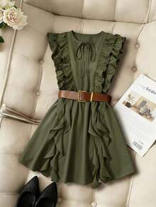 MSPariaura Vestido con diseño de volantes de ancho completo en marrón vintage / Minifalda estilizante con cintura ceñida / Conjunto elegante y dulce Z - Verde militar - Ver 3