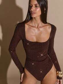 Body De Manga Larga Con Cuello Cuadrado Para Mujer - Marrón - Ver 6