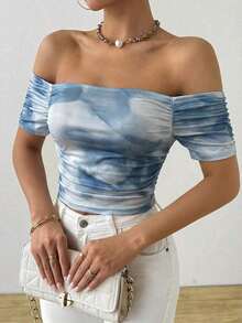 Camiseta de manga corta plisada con cuello recto en línea - Niebla azul - Ver 5