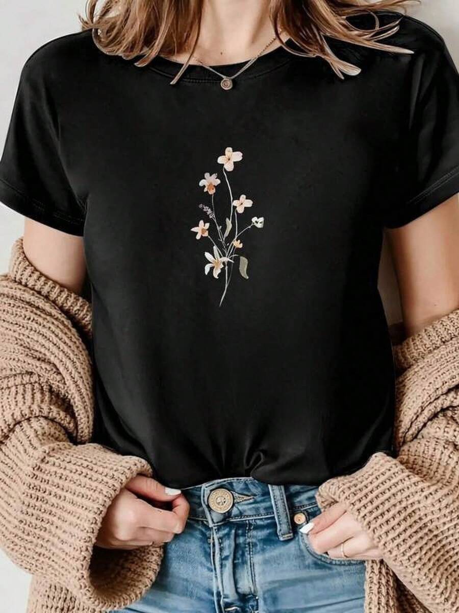 Camisetas Para Mujer AlgodónCamiseta negra flor bordada mujer casual manga corta adornos elegantes moda diaria versátil primavera verano todas las tallas disponibles camiseta  buscar prendas exclusivas mundial 2026 - Negro - Ver 1
