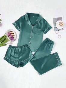Conjunto de pijama de 3 piezas para mujer con cuello de seda falsa de unicolor y ribete contrastante - Verde Oscuro 2 - Ver 1