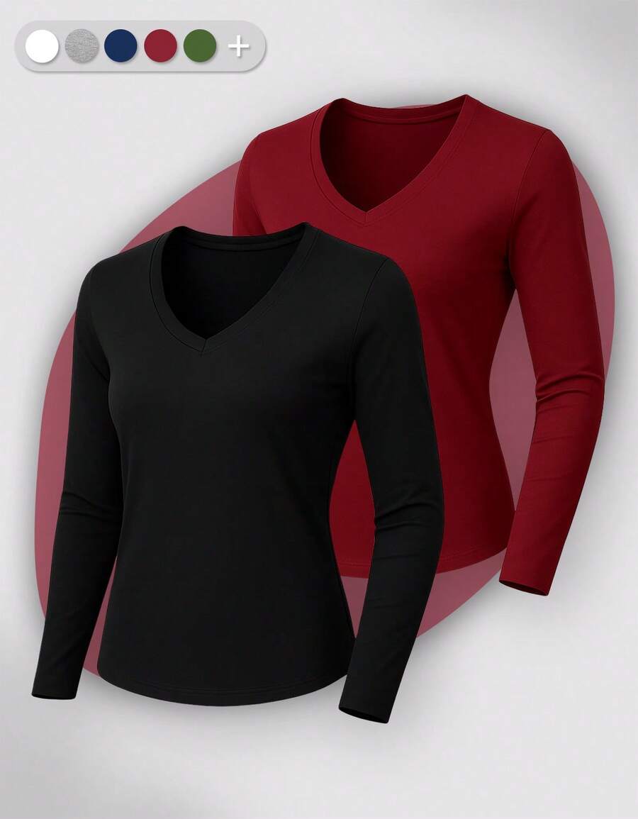 Set Of 2 Long Sleeve T-Shirts, Base Layer Blouses, V-Neck, Slim Fit, Workwear, Winter, Basic, Plain - 紅木色 - 查看 1