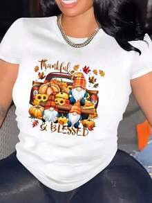 Women's 100% Cotton T-Shirt, White, Short Sleeve And Round Neck, With Graphic Print Of Autumn And Thanksgiving Gnomes And Pumpkins, Regular Fit. - 白色 - 查看 7