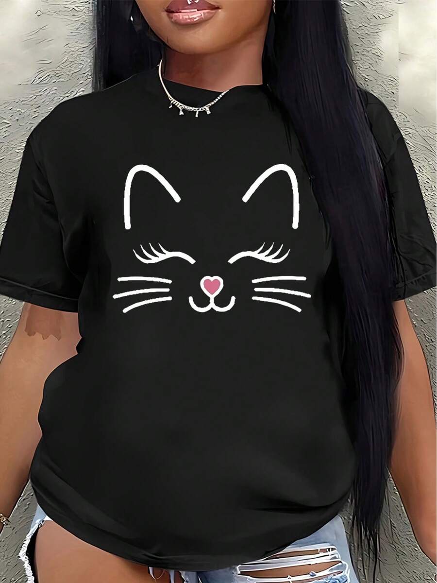 Camiseta ligera y duradera con estampado de gatos, adecuada para salidas informales, uso en casa, cafeterías o actividades al aire libre, diseñada para comodidad y uso diario.women's shirts - Negro - Ver 1