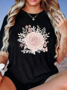 Camiseta holgada con estampado floral de rosas para mujer, blusa casual de verano de manga corta con diseño de mariposa, elegante camiseta blanca de cuello redondo, camiseta para mujer. - Negro - Ver 5