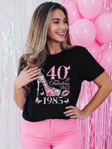 Women's 1985 Birthday Graphic T-Shirt - "Still Beautiful At 40" Design, Casual Crew Neck, Short Sleeve, Lightweight Polyester, Spring/Summer Celebration Essential, Women's T-Shirt - Basic And Versatile - 黑色 - 查看 3