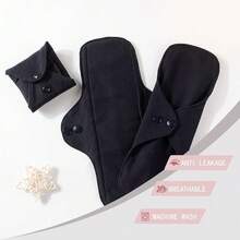 3pcs Reusable Women's Menstrual Pads, Washable Sanitary Napkins, Daily Care Pads, Black Pure Cotton - View 6