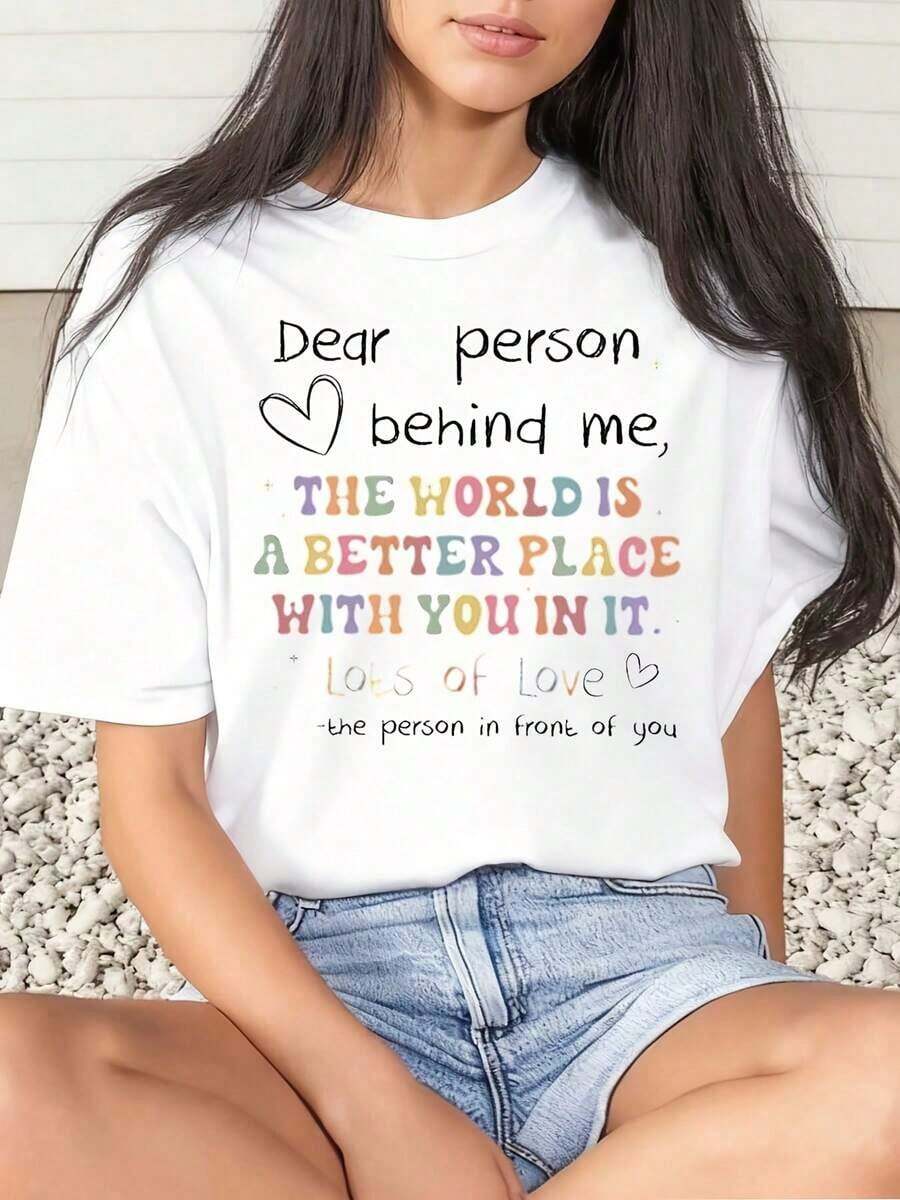 Camiseta Casual para Mujer con Estampado de Mensaje de Amor, para Salidas Informales, 220g, 100% Algodón, Resistente - Blanco - Ver 1
