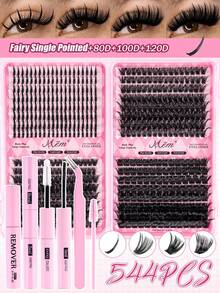 MEM 544pcs Clustered Spiky Lashes, Mixed Style Lash Extension Kit Including Fairy Spiky + 80D + 100D + 120D, Length 10-18mm Thick DIY Spiky Lashes, D-Curl Cluster 3D Thick False Eyelashes, Comes With Glue, Remover, Tweezers For Reuse, Suitable For Various Occasions - 黑色 - 查看 1