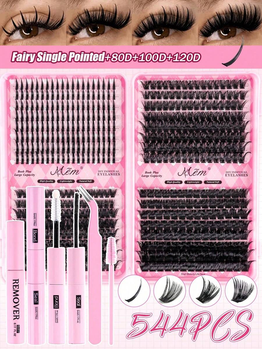 MEM 544pcs Clustered Spiky Lashes, Mixed Style Lash Extension Kit Including Fairy Spiky + 80D + 100D + 120D, Length 10-18mm Thick DIY Spiky Lashes, D-Curl Cluster 3D Thick False Eyelashes, Comes With Glue, Remover, Tweezers For Reuse, Suitable For Various Occasions - 黑色 - 查看 1