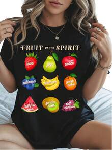 Camiseta de Mujer con Estampado Vintage "Fruta del Espíritu" - 100% algodón, manga corta, cuello redondo, camiseta religiosa casual, presenta ilustraciones coloridas de frutas, lavable a máquina. - Negro - Ver 3