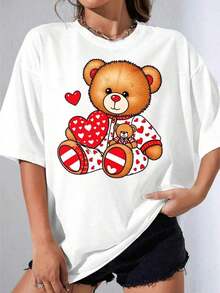 Camiseta de Niña en Blanco y Negro con Estampado de Oso de Peluche y Corazón Blanco para Uso Casual y Día de San Valentín, Fiesta al Aire Libre, Camiseta Casual Estampada - Estilo Vintage Urbano Unisex, Camiseta de Manga Corta de Algodón Holgada con Cuello Redondo, blusas para mujer. blusas.blusas casuales para dama.Impresión de osos cariñosos.Camiseta estampada Impresión de osos cariñosos. - Blanco - Ver 2