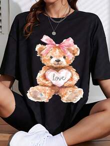 Camiseta Casual Oversize para Mujer con Estampado de Corazón de Oso de Peluche para el Día de San Valentín y Uso Diario - Estilo Urbano Vintage Unisex, Camiseta de Algodón de Manga Corta y Cuello Redondo. blusas.blusas casuales para dama.Impresión de osos cariñosos.Camiseta estampada Impresión de osos cariñosos. - Negro - Ver 7