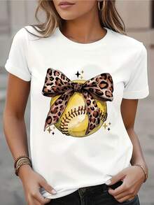 Women's Baseball Print T-Shirt - Breathable And Casual Style, The Leopard Print Tie Is A Must-Have Item For Baseball Players, Machine Washable Short Sleeve Crew Neck Top, Suitable For Team Fan Clothing S, For Wearing In Spring And Summer And At Baseball Events (Oil Resistant), 180g 100% Cotton. - 白色 - 查看 1