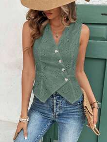 Frenchy Blusa informal de mujer con botones delanteros y sin mangas a rayas, conjunto de ropa de oficina para mujer, ropa de mujer para invierno, atuendos de otoño, camisa blanca de mujer, blusas sin mangas - Verde - Ver 5