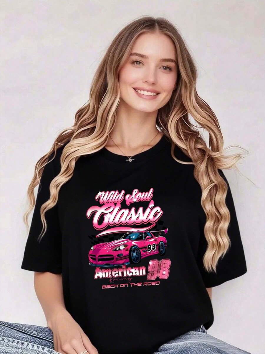 1 Women's Pure Cotton T-Shirt: Ambition Classic: American Racing T-Shirt - Modern, 180g, 100% Cotton - 黑色 - 查看 1