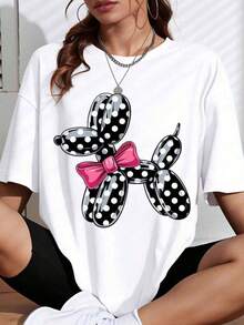 Camiseta de Mujer con Estampado de Perro Globo, Lazo Rosa y Puntos, Negra, Estilo Casual, Oversize, Gráfica, Moda de Verano, Estilo Streetwear - Blanco - Ver 1
