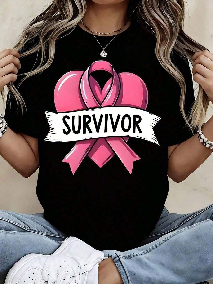 Camiseta con la cinta de concientización sobre el cáncer de mama, diseño de cinta rosa y texto de sobreviviente para eventos de sensibilización y grupos de apoyo. - Negro - Ver 1