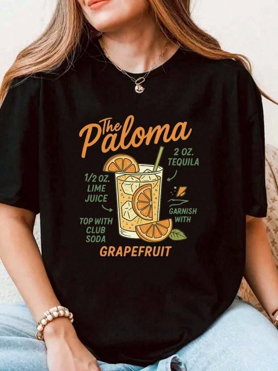 Camiseta de manga corta para mujer con estampado gráfico de la receta del cóctel Paloma, ropa casual de verano, tela cómoda, perfecta como regalo. - Negro - Ver 1