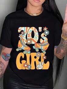 Camiseta Retro Hippie de los 70 para Mujer - Camiseta Gráfica Vibrante de los 70 con Estampado Floral y de Leopardo, Manga Corta, Cuello Redondo, Tela de Algodón Puro, Lavable a Máquina, Perfecta para Uso Casual en Primavera, Verano y Otoño, Camiseta Versátil, Estilo Retro, Estampado Vibrante. - Negro - Ver 7