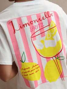 Camiseta Gráfica Casual de Corte Holgado para Mujer "Limoncello Spritz", Transpirable y Cómoda, Manga Corta, Cuello Redondo, Rayas Rosadas y Estampado de Limones, Algodón Suave, Perfecta para Uso Diario y Estilo Urbano de Verano - Blanco - Ver 4