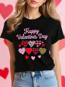 Soft [New Arrival] Women's Summer T-Shirt With Round Neck And Black Print, Cute And Fashionable, Simple, Elegant, Casual And Comfortable Style, Breathable. Suitable For Home, Outdoor Activities And Going To Work. It Is An Ideal Gift For Mother's Day Or A Stylish Blouse For Ladies. - 黑色 - 查看 1