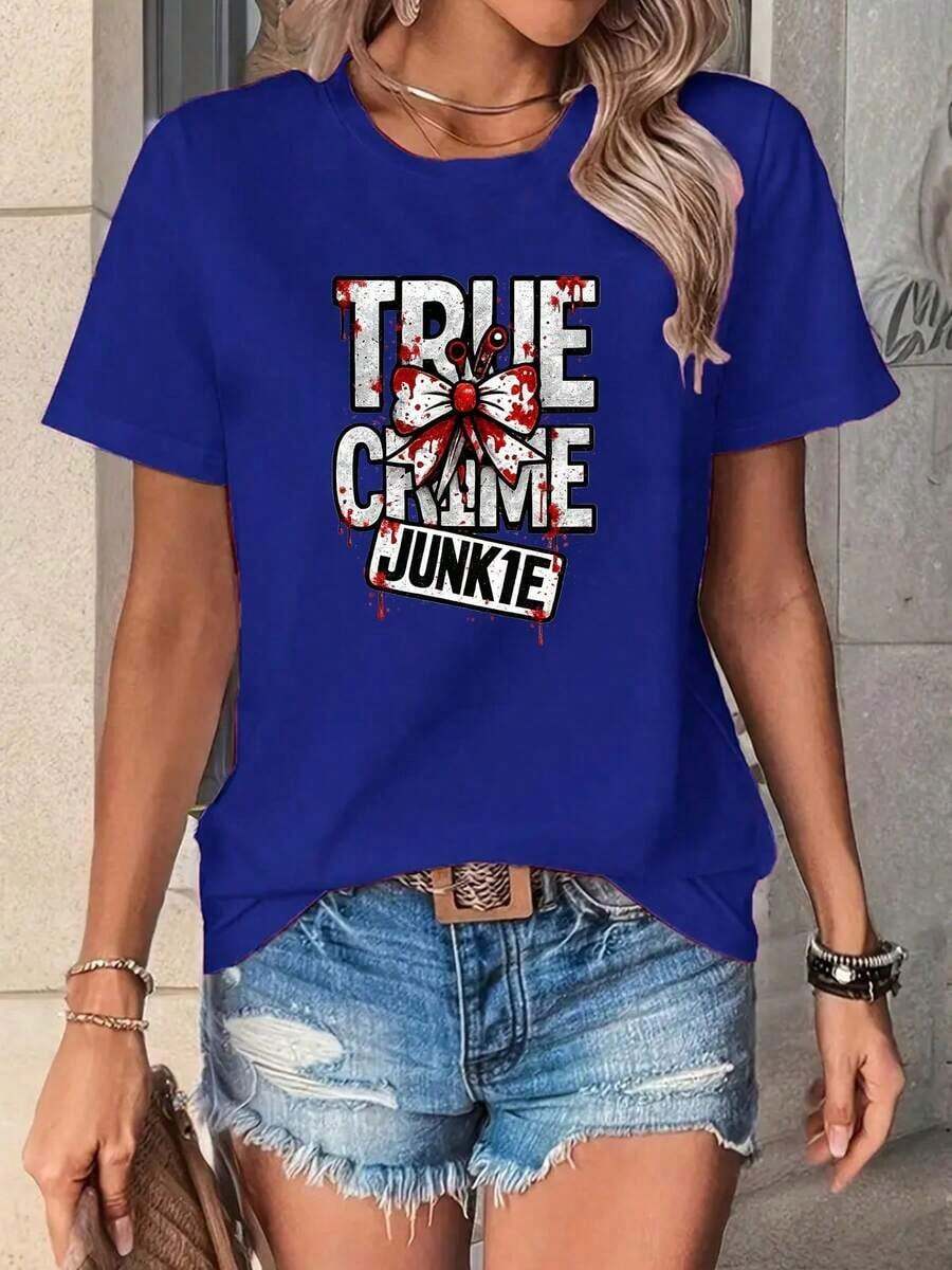 Women's Summer T-Shirts: Gothic Style Short-Sleeved T-Shirt With Realistic Crime Scene Prints And Crime Scene Tape, Casual T-Shirt, Comfortable For All Seasons, Suitable For Crime Enthusiasts, Machine Washable, Unique T-Shirt, Warm Clothing, Cutting-Edge Fashion, High-Quality Stitching, Soft Fabric, Loose And Comfortable Summer Clothing. - 藍色 - 查看 1