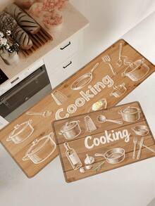 1pc Wood Grain & Kitchen Utensil "Cooking" Pattern Kitchen Mat, Modern Minimalist Absorbent & Oil-Resistant Kitchen Rug, Stain-Resistant Kitchen Floor Mat, Small Kitchen Rug, Easy Care Machine Washable Anti-Abrasion Anti-Scratch Kitchen Floor Mat, Soft & Elastic Kitchen Floor Pad, Kitchen & Dining Room Small Space Compatible Striped Rug, Kitchen Area Rug, Odorless Absorbent Non-Slip Floor Mat (Multiple Styles & Sizes Available) - Sketch Of Wooden Kitchenware - View 8