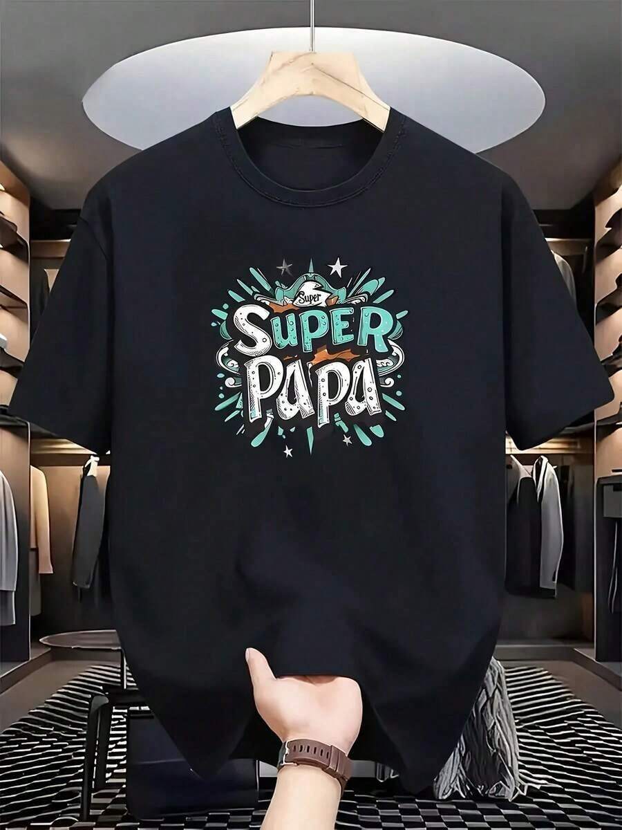 Camiseta de Hombre con Estampado de "Super Papá" - Letras Heroicas y Atrevidas con Diseño Familiar, Regalo para el Día del Padre, Camiseta Casual de Cuello Redondo para Verano y Aire Libre, Adecuada para Senderismo y Uso Diario - Tela Cómoda y Transpirable (Lavable a Máquina) - Ropa Divertida para Papá, Camiseta con Estampado Divertido, Manga Corta Ligera - Negro - Ver 1