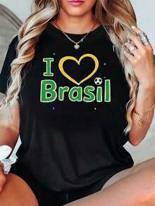 Women's Tops, Women's T-Shirts, Mother's Day, Casual Blouses For Ladies, Women's Tops, 2000s Style, Women's T-Shirt With "I Love Brazil Football" Heart Print, Perfect For Watching Matches And Celebrating Festivals, With A Vibrant And Energetic Short-Sleeve Design That Embodies A Patriotic Spirit. - 黑色 - 查看 6