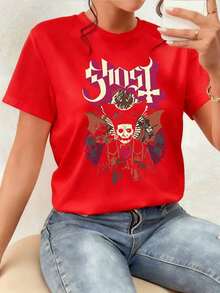 A Symbolic Figure With An Elegant Skull Face, Holding A Wine Glass And With A Mysterious Moon Above Its Head, Symbolizes The Contemplation Of Life And Death, Imbued With A Dark And Dramatic Artistic Meaning. This Women's T-Shirt, Made From 100% Pure Cotton, Is Soft And Comfortable, Ideal For Creating A Modern Urban Look. Comfortable Clothing. - 紅色 - 查看 7