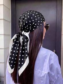 1pc Women's Elegant Casual Polka Dot Satin Scarf/Bandana, French Lady Silk Scarf Hair Accessory, Lightweight & Breathable, Suitable For Various Occasions: Weddings, Parties, Work, Commute, Beach Trips - Black - View 3
