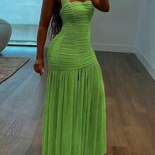 New Fashion Women's Halter Backless Ruched Patchwork Bodycon Dress Party Summer Elegant - Negro - Ver 3