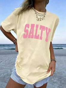 Women's 100% Cotton Graphic Graphic T-Shirt With Double Print "If I'm In A Bad Mood, Please Go Back To The Beach" And "Salty", Casual And Oversized Summer Style | Summer Clothes | Holiday Outfits Pure Cotton T-Shirt 100% Cotton 100% Cotton - 杏子 6 - 查看 3